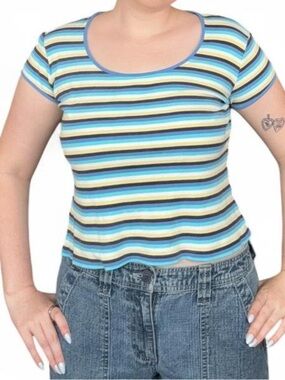 Vintage Y2K Cleo Striped Cap Sleeve Tee // Blue Lime Skate Surf Crop Top S